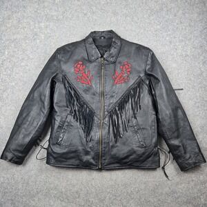 Vintage Echtes Leder Leather Fringe jacket Womens XXL Black Biker‎ Rose Cropped